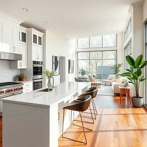 Renovated kitchen in Northbrook IL with high-end appliances, sleek cabinetry, and elegant quartz island showcasing artistry.