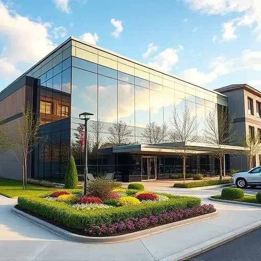 Modern commercial building in Bloomingdale IL with glass windows, landscaped front yard, and bright daytime lighting