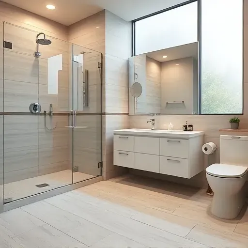 Remodeled Bloomingdale IL bathroom with modern fixtures, spacious walk-in shower, double vanity, and natural light.