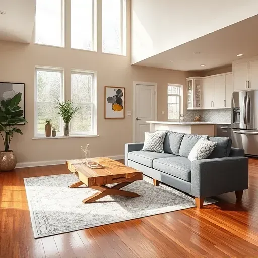 Renovated living room in Morton Grove IL with modern design, natural light, elegant furniture, and warm accents.