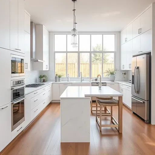 Remodeled Niles Illinois kitchen with modern matte cabinetry quartz countertops stainless steel appliances central island pendant lighting hardwood floors neutral tones and large windows