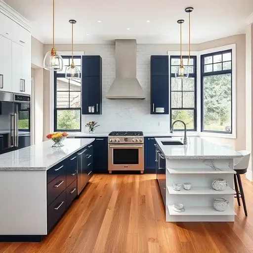 Stunning South Barrington kitchen with navy and white cabinetry, quartz countertops, island, and open shelving.