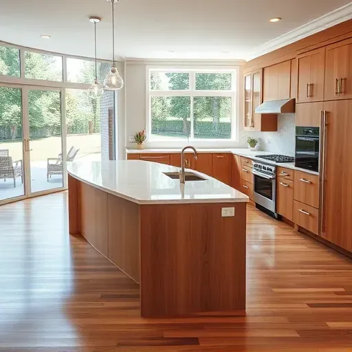 Renovated Lake Forest Illinois kitchen with modern wood cabinetry stainless steel appliances quartz island marble backsplash hardwood floors and landscaped backyard view