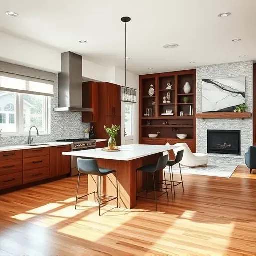 A modern Long Grove kitchen with dark wood cabinetry, quartz countertops, and open concept living space features.