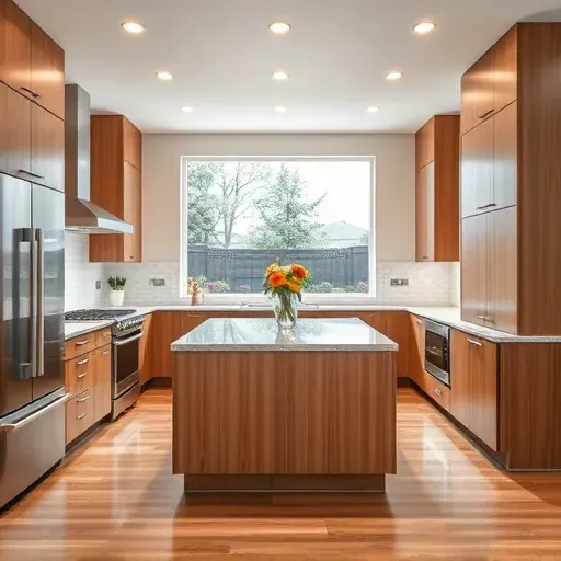 Remodeled Wheeling Illinois kitchen with warm wood cabinets stainless steel appliances granite island lush greenery view