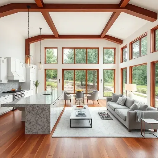 Home remodeling in Lake Forest IL features modern open living space with high ceilings, wooden beams, and chic furnishings.