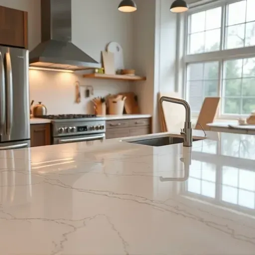 Smooth polished quartz or granite kitchen countertop in Bloomingdale IL with stainless steel appliances and natural light