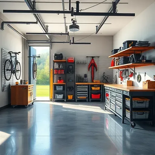 Organized Bloomingdale IL garage with polished concrete floors custom storage cabinets workbench tools sports equipment and natural light