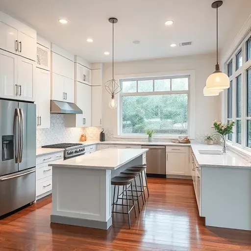Beautiful remodeled Oak Brook kitchen with sleek white cabinets quartz countertops large island stainless steel appliances and hardwood floors