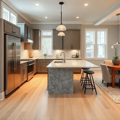 Remodeled Buffalo Grove kitchen with matte modern cabinets, stainless steel appliances, granite counters, subway backsplash, and hardwood floors