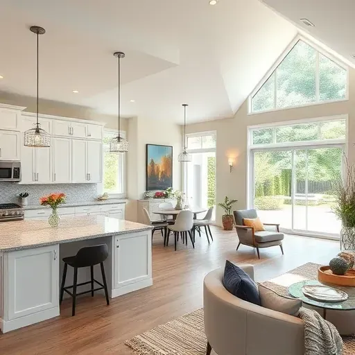 Modern open-concept living space in Lincolnshire, IL with a renovated kitchen, cozy dining area, and elegant decor.