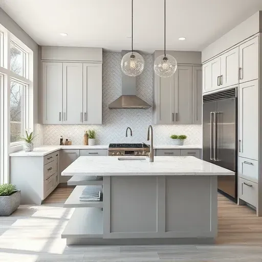 Modern renovated Hinsdale kitchen with sleek cabinetry, granite island, stainless steel appliances, large windows, and elegant decor