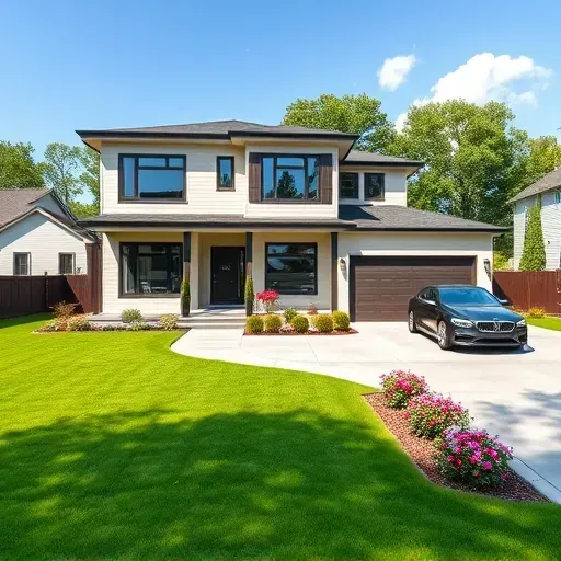 Newly built modern home in Bloomingdale Illinois with large windows lush landscaping and a stylish driveway