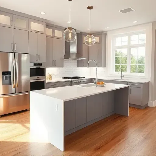 Modern Aurora kitchen with sleek cabinetry stainless steel appliances quartz island hardwood flooring subway tile backsplash natural light