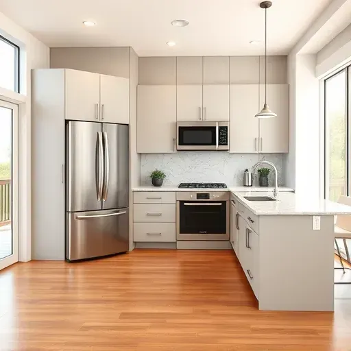 Recently remodeled modern kitchen in Hoffman Estates featuring sleek matte cabinetry, granite countertops, stainless steel appliances, hardwood floors, and natural lighting