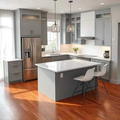 Completed kitchen remodel in Bloomingdale IL with sleek cabinetry, granite countertops, stainless steel appliances, and pendant lights.