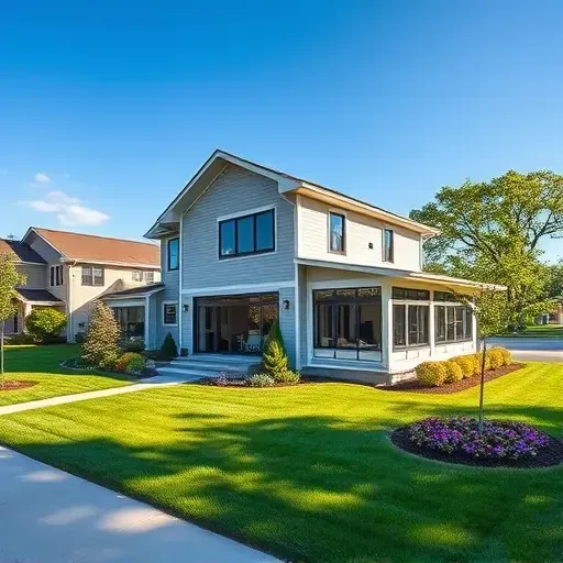 Newly completed modern home addition in Bloomingdale IL with large windows lush yard and suburban street scene
