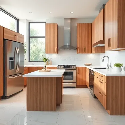 Remodeled Lincolnshire kitchen with modern wood cabinetry quartz countertops stainless steel appliances and natural lighting