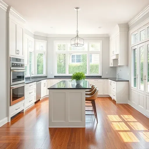 Modern kitchen remodel in Lake Forest IL with white cabinets, dark granite island, natural light, and elegant decor.