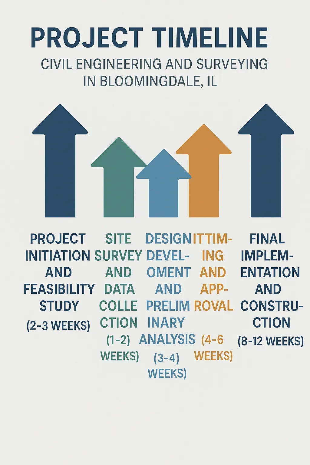 Infographic illustrating a five-step project timeline for Civil Engineering and Surveying in Bloomingdale IL.
