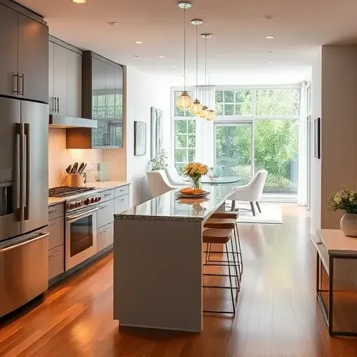 Modern kitchen remodel in Evanston IL with sleek cabinetry, granite countertops, and polished hardwood flooring.