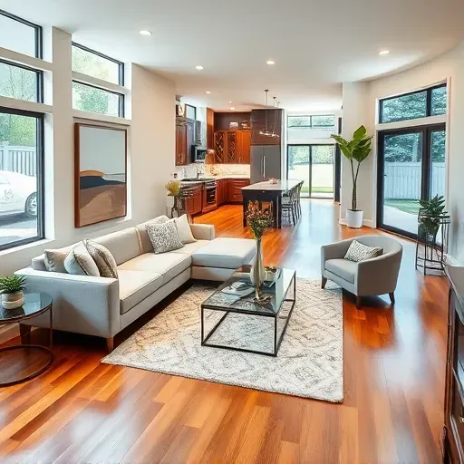 Renovated living room in Northbrook IL with modern furniture, pastel walls, and bright natural light showcasing elegance.