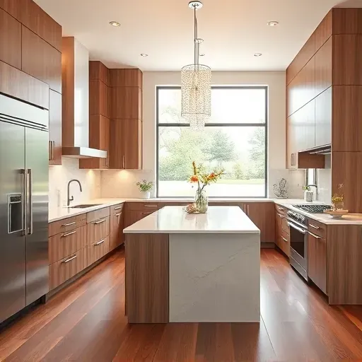Remodeled modern kitchen in Lake Zurich featuring wood grain cabinets quartz countertops stainless appliances and natural light