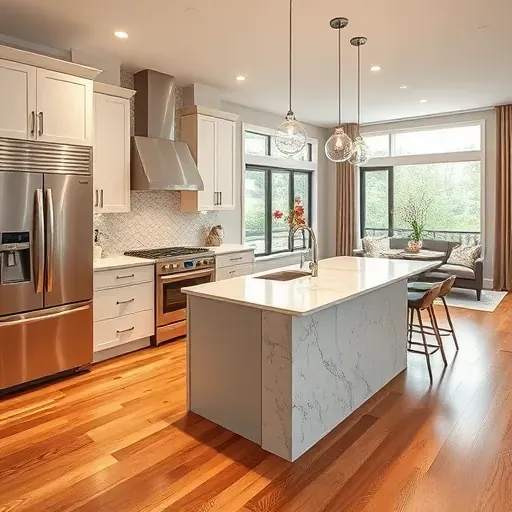 Modern remodeled kitchen in Lincolnshire IL featuring sleek cabinetry, stainless appliances, marble island, and natural light.