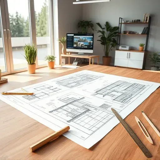 Blueprints, drafting tools, and architectural workspace in Bloomingdale IL with natural light and organized design studio elements