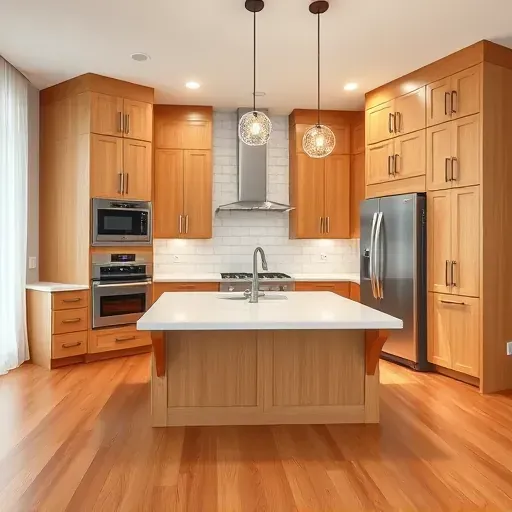 Modern remodeled kitchen in Lincolnshire Illinois with oak cabinets quartz countertops stainless steel appliances hardwood floors and natural light