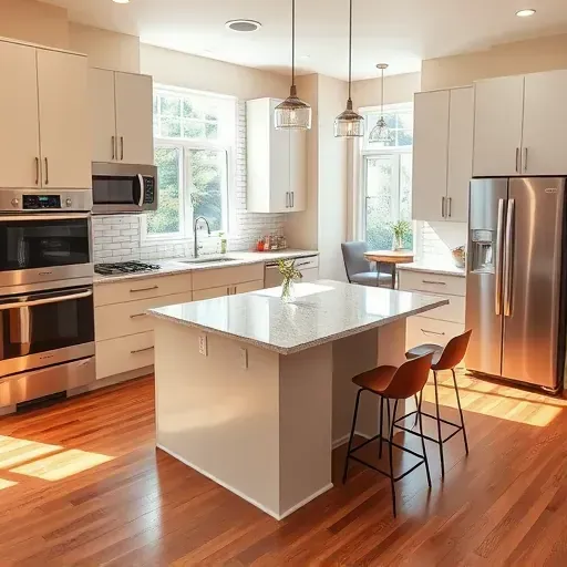 Renovated kitchen in Hoffman Estates with modern cabinetry, stainless steel appliances, granite island, and hardwood floors.