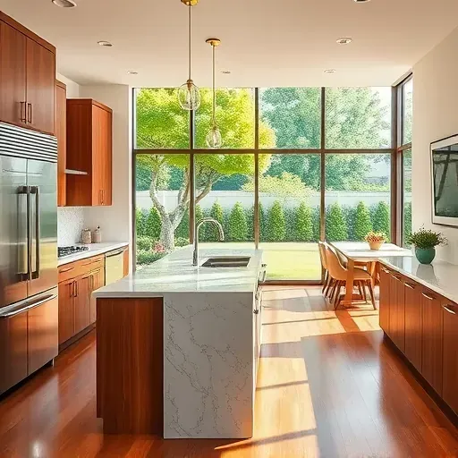 Remodeled Wheeling Illinois kitchen with warm wood cabinetry, stainless steel appliances, quartz island, subway tiles, hardwood floors, and natural light