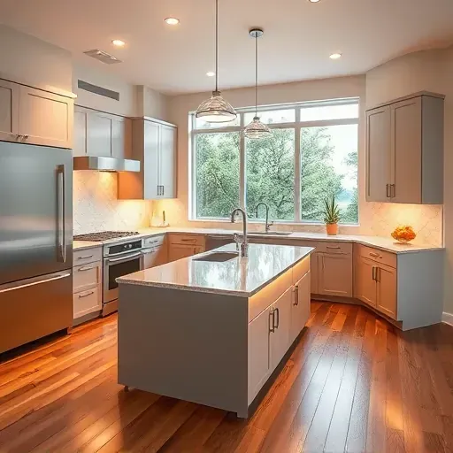 Recently renovated Evanston kitchen with modern matte cabinets granite island stainless appliances subway tile backsplash hardwood flooring natural light