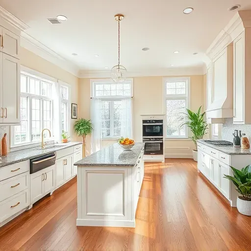 Modern kitchen in Glencoe IL with white shaker cabinets, granite island, pendant lights, and open layout to living area.