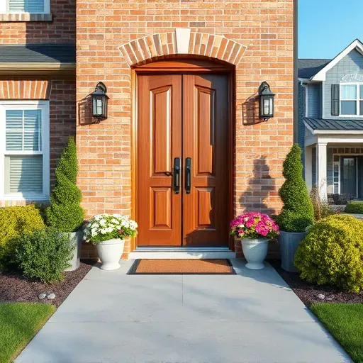Newly installed high-quality exterior front door in Bloomingdale IL with detailed wood grain modern hardware lush greenery and inviting curb appeal