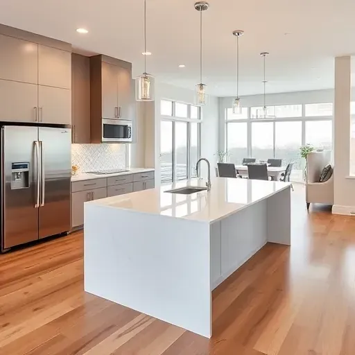 Remodeled Wilmette kitchen with hardwood floors, white quartz counters, modern island, taupe cabinets, stainless steel appliances, and natural light