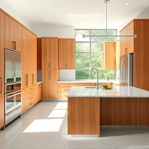 Remodeled Palatine Illinois modern kitchen with wood cabinets quartz countertops stainless steel appliances and natural light