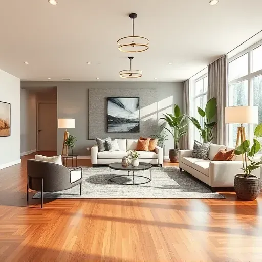 Renovated living room in Arlington Heights IL with modern furniture, natural light, and stylish decor elements.