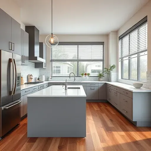 Beautiful modern remodeled kitchen in Des Plaines IL with sleek handleless cabinets quartz countertops island stainless steel appliances subway tiles and natural wood flooring