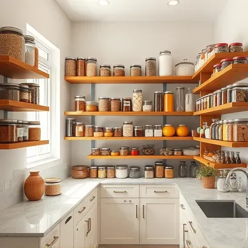 Organized pantry with wooden shelves, colorful glass jars, labeled dry goods, natural light, minimalist kitchen style