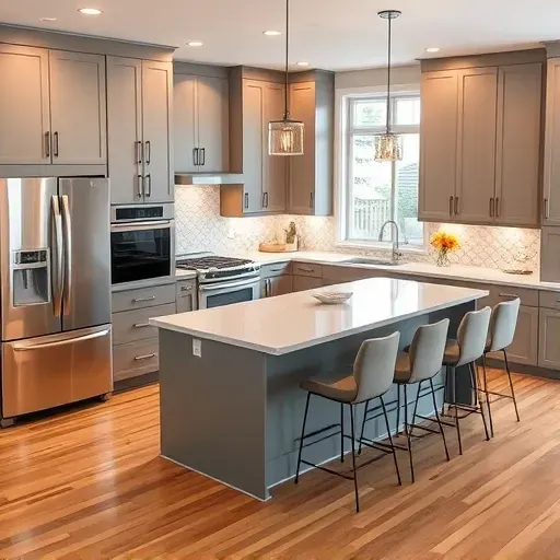 Completed kitchen remodel in Rolling Meadows IL featuring sleek cabinetry, quartz island, and warm LED lighting.