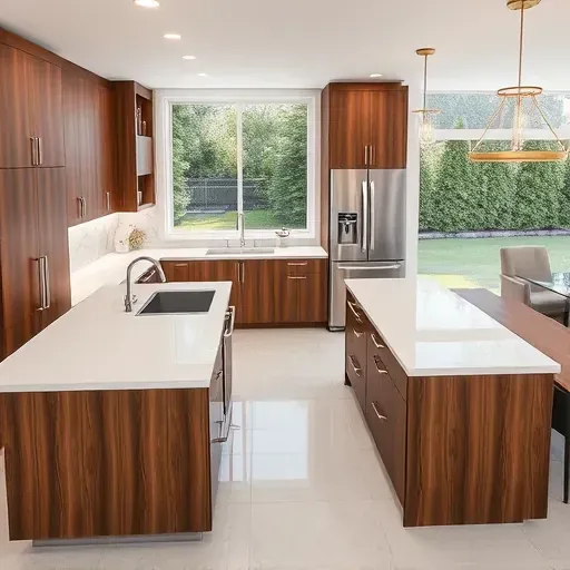 Remodeled Libertyville Illinois modern kitchen with walnut cabinetry white quartz countertops marble backsplash stainless steel appliances and natural light
