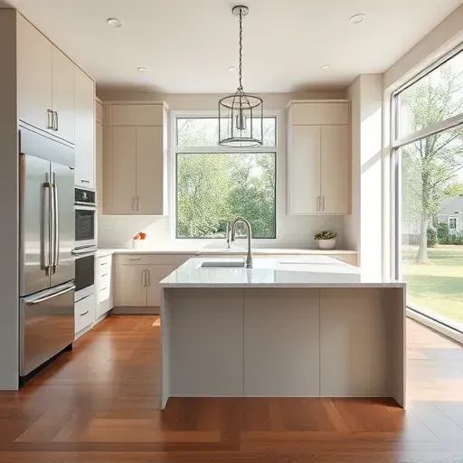 Renovated Winnetka kitchen with modern matte cabinets, quartz countertops, stainless steel appliances, hardwood floors, and bright natural light