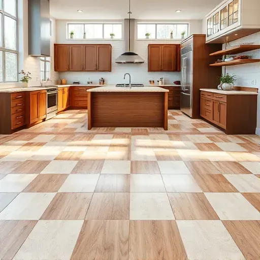 Freshly installed patterned wood tile flooring in a modern Bloomingdale IL kitchen with sleek cabinets stainless steel appliances and natural light