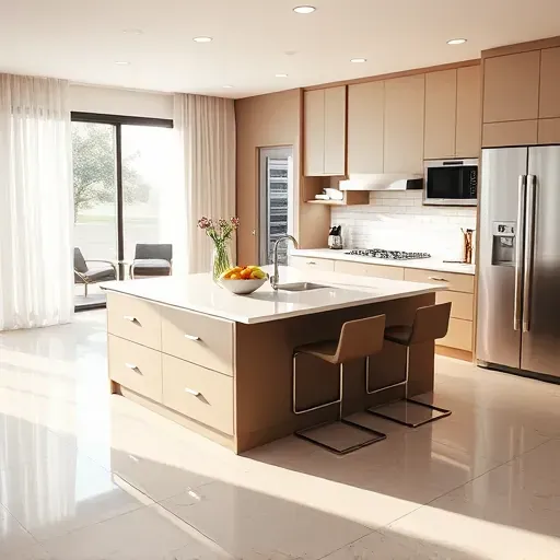 Bright modern Bloomingdale kitchen with sleek cabinetry, stainless appliances, quartz countertops, subway tile backsplash and island