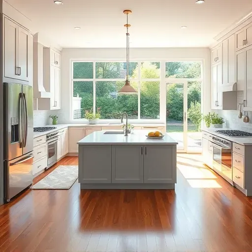 Modern remodeled Aurora kitchen with sleek cabinets quartz countertops stainless steel appliances hardwood floors and large bright windows