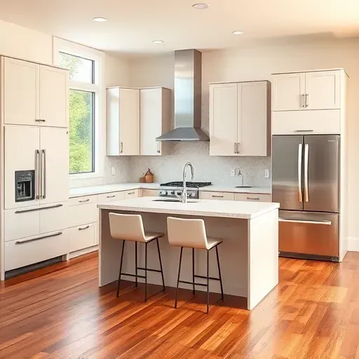 Remodeled Hinsdale IL kitchen with sleek matte cabinets, stainless appliances, quartz counters, hardwood floors, and large windows