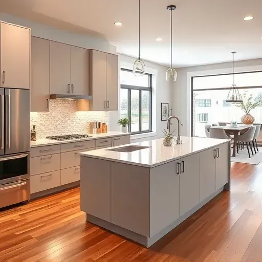 Modern kitchen remodel in Aurora IL with sleek cabinetry, granite island, stainless appliances, natural light, and elegant decor.