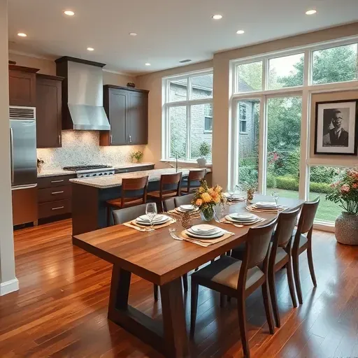 Modern kitchen remodel in Palatine, IL features sleek cabinetry, granite countertops, and ambient lighting with a cozy dining setup.