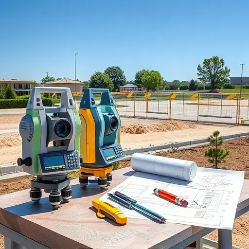 Civil engineering survey tools and equipment on a workbench at an outdoor construction site in Bloomingdale Illinois with blueprints and construction markers under clear blue skies